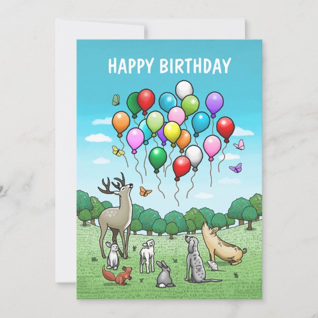 Tiere mit farbenfrohen Luftballons Geburtstag Karte (Vorderseite)