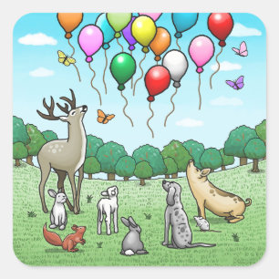 Tiere mit Geburtstagsballons Quadratischer Aufkleber