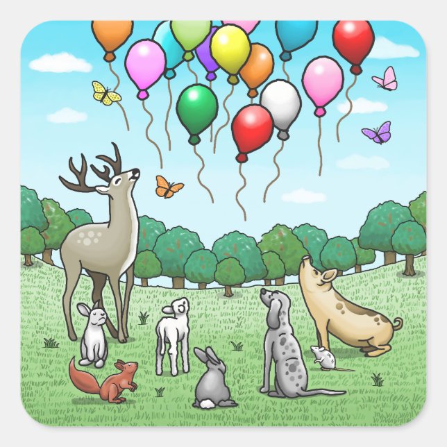 Tiere mit Geburtstagsballons Quadratischer Aufkleber (Vorderseite)