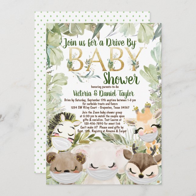 Tiere mit Maske Geschlecht neutrale Covid Baby Dus Einladung (Vorne/Hinten)