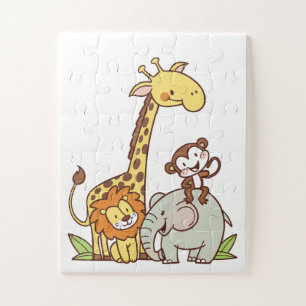 Tiere niedlicher Cartoon - Giraffe, Löwe und Affe Puzzle