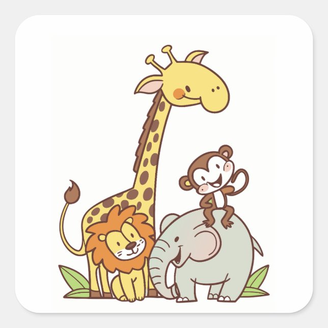 Tiere niedlicher Cartoon - Giraffe, Löwe und Affe Quadratischer Aufkleber (Vorderseite)