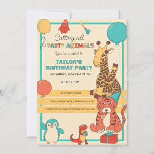 Tiere Party Spaß Giraffe, Tiger Kinder Geburtstag Einladung