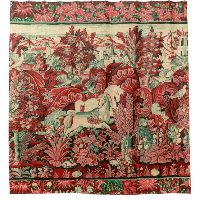 TIERE, PFERDE, HOLZ, Rot, Grün Duschvorhang (Vorderseite)