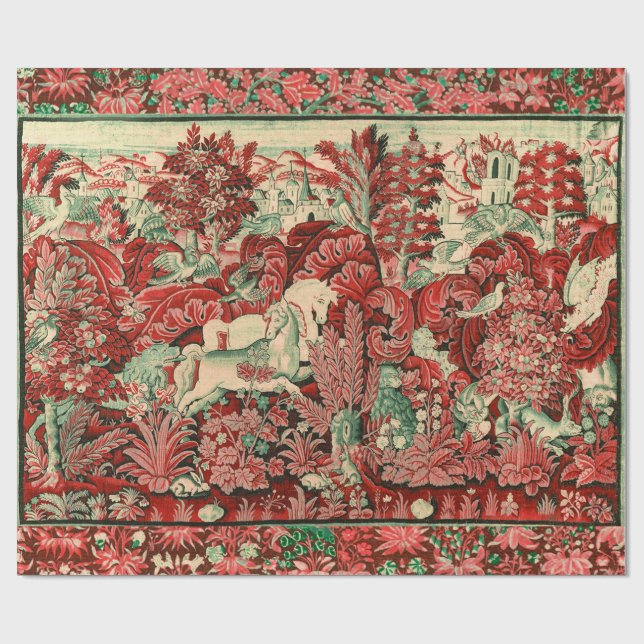 TIERE, PFERDE, HOLZ, Rot, Grün Geschenkpapier (Flach)