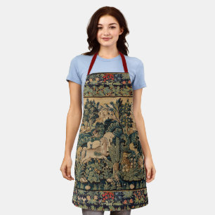 TIERE, PFERDE, HOLZGEBÄUDE, blaugrüne Blüten Schürze