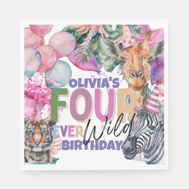Tiere Safari Jungle Four Ever Wild Geburtstag Serviette (Vorderseite)