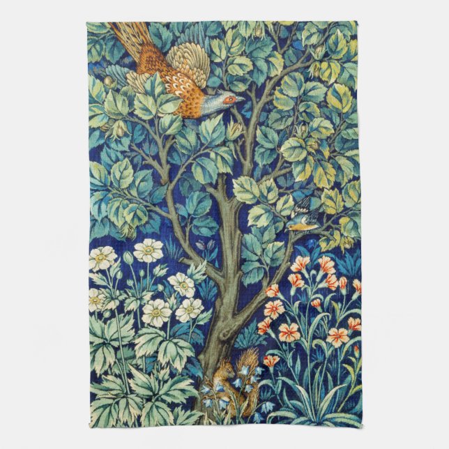 Tiere und Blume, Wald, William Morris Geschirrtuch (Vertikal)