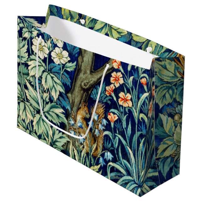 Tiere und Blume, Wald, William Morris Large Große Geschenktüte (Vorderseite Schrägansicht)