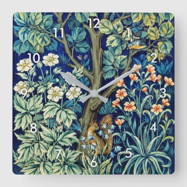 Tiere und Blume, Wald, William Morris Quadratische Wanduhr (Vorderseite)
