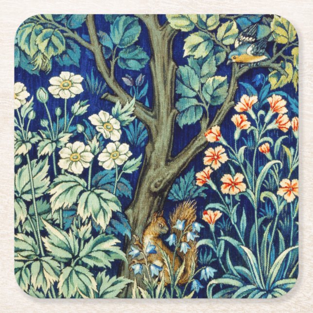 Tiere und Blume, Wald, William Morris Rechteckiger Pappuntersetzer (Vorderseite)