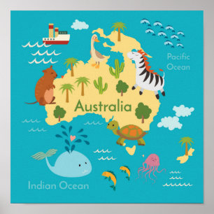 Tiere Weltkarte von Australien für Kinder Poster
