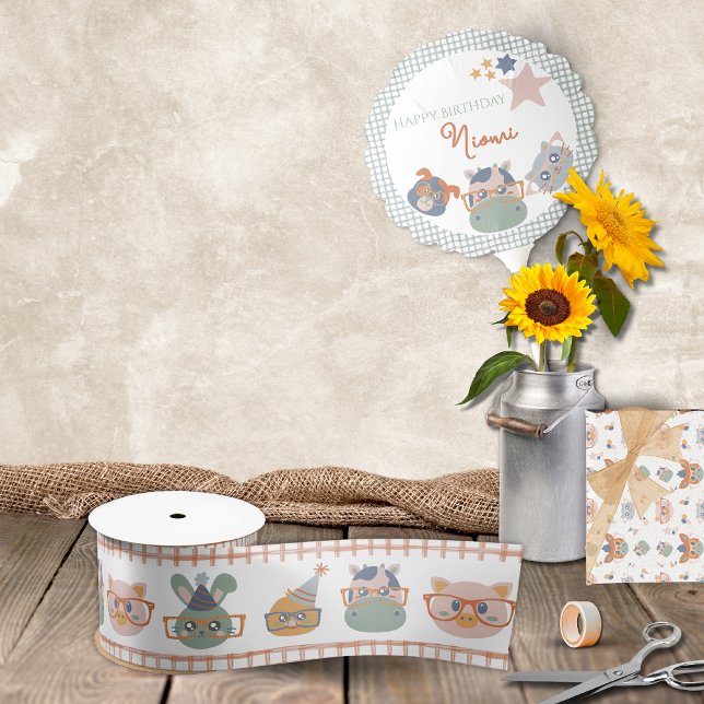 Tiergeschenk Wrap Ribbon Satinband (Farm Animal Birthday Ribbon Pig Bunny Chicken Cow Gingham Border Pattern )