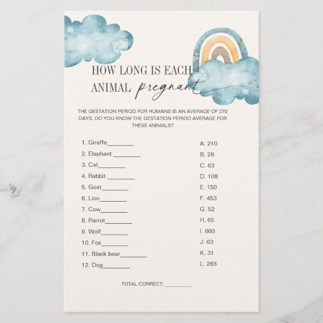 Tiergestation Baby Shower Game Card (Vorderseite)