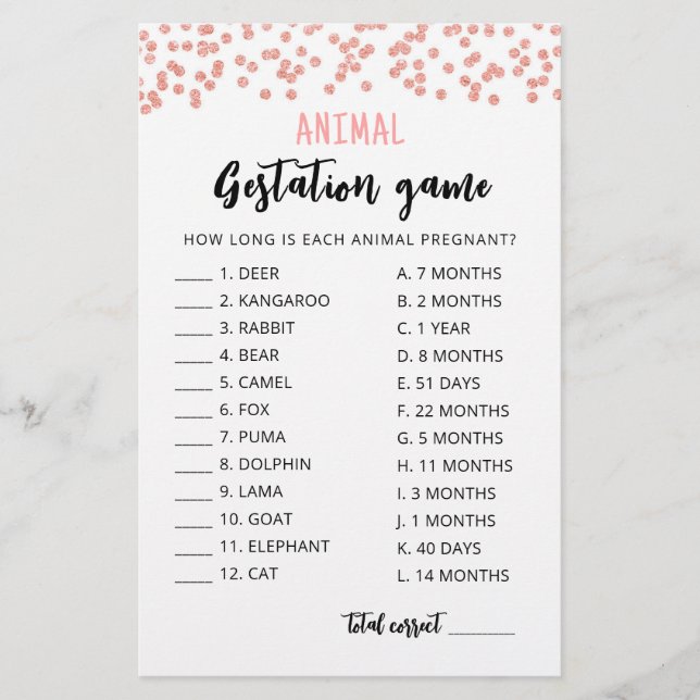 Tiergestation mit Answers Baby Shower Game (Vorderseite)