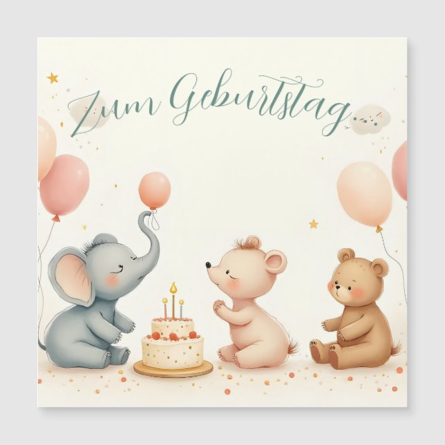 Tierische Geburtstagsfreude mit Ballons Magnetkarte (Vorderseite)