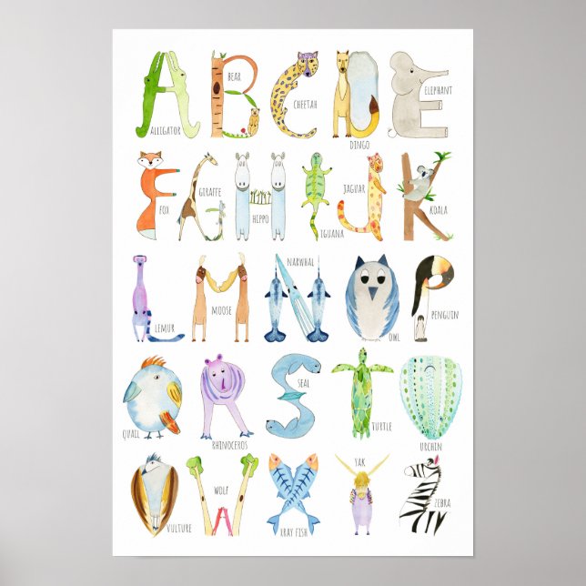 Tierisches Alphabet-Poster - 13 x 39 Zoll Poster (Vorne)