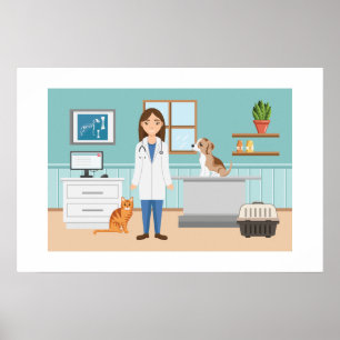 Tierklinik Tierärztin mit Katze und Welpe Poster