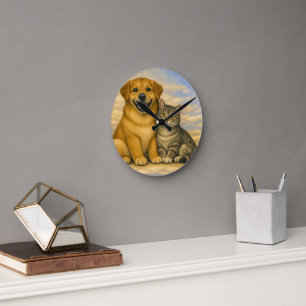 Tierklinik-Wanduhr mit Welpe und Katze  Runde Wanduhr