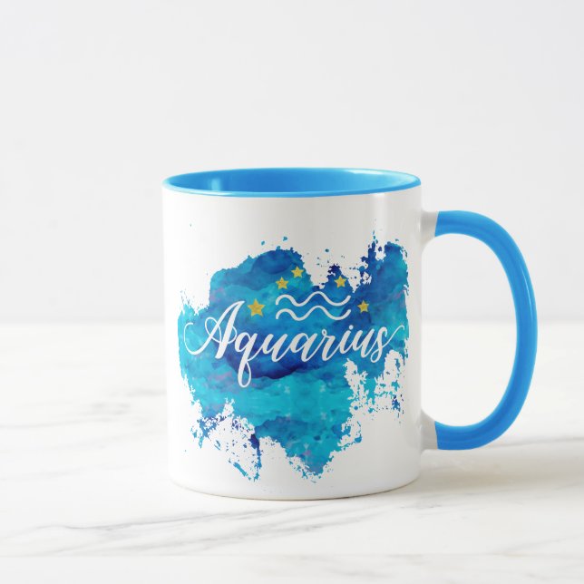 Tierkreis-Wassermann-blaue Aquarell-Goldsterne Tasse (Rechts)
