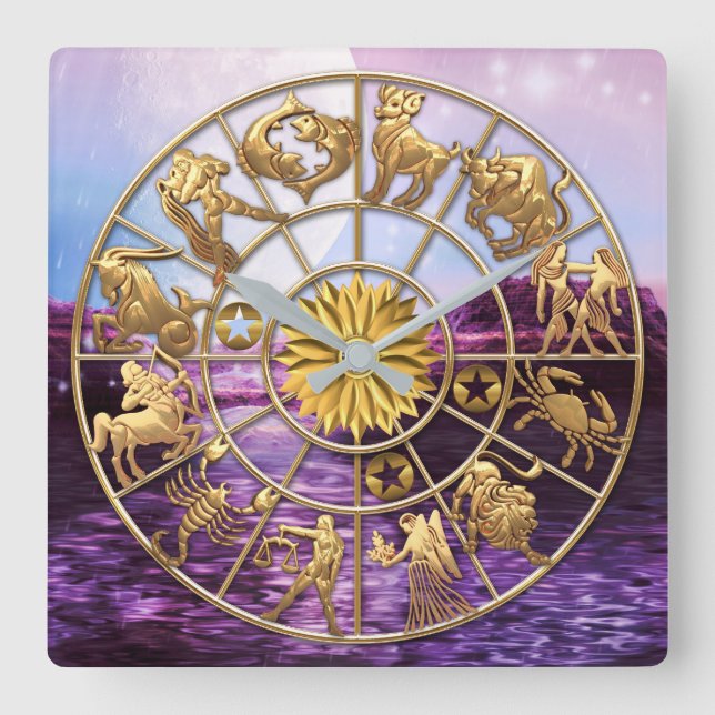 Tierkreis-Zeichen-spielt dreiköpfiges Quadratische Wanduhr (Vorderseite)