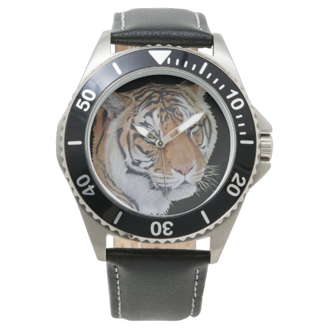 Tiermalerei auf Tiger mit traurigen Augen, große K Armbanduhr (Vorderseite)