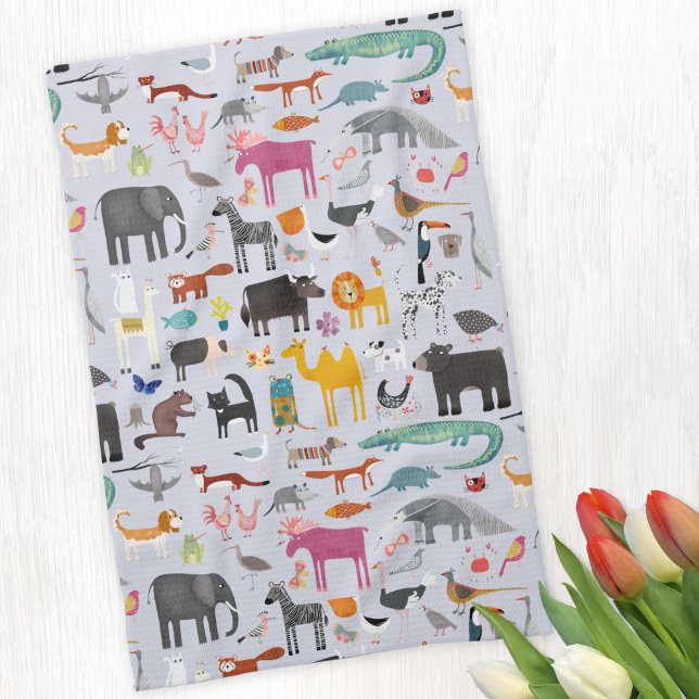 Tiermenagerie Geschirrtuch (Fun animal menagerie with wild, safari, zoo and pet animals and birds pattern kitchen towel)