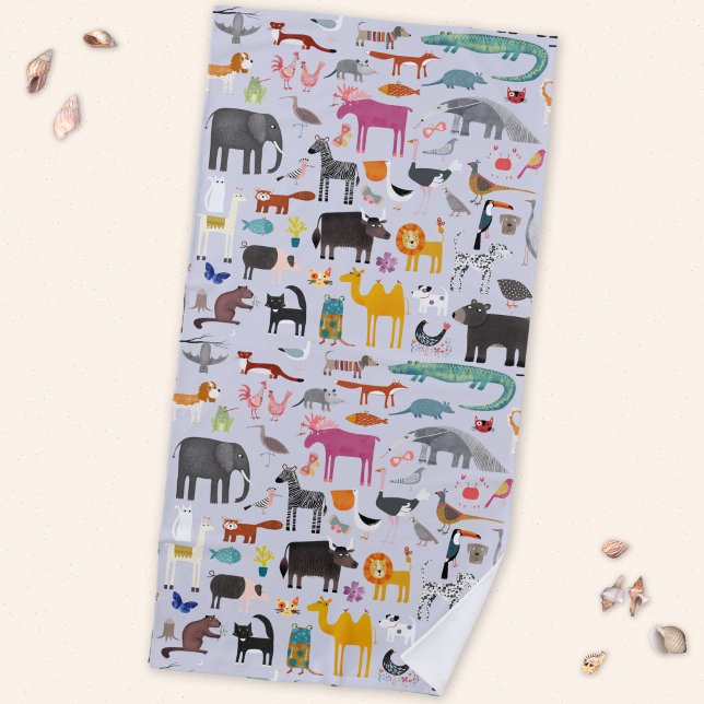Tiermenagerie Strandtuch (Fun animal menagerie with wild, safari, zoo and pet animals and birds pattern beach towel)