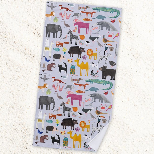 Tiermenagerie Strandtuch (Fun animal menagerie with wild, safari, zoo and pet animals and birds pattern beach towel)