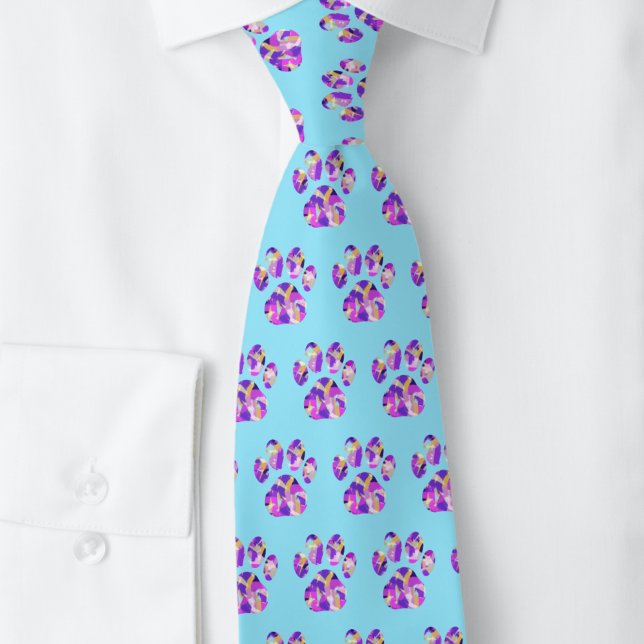 Tierpaw-Silhouette Lila rosa auf blauem Neck Krawatte (Paws pattern blue tie)