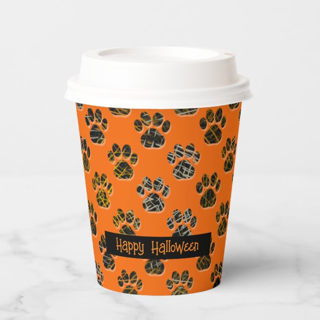 Tierpaw-Silhouette Pets Happy Halloween Orange Pappbecher (Vorderseite)