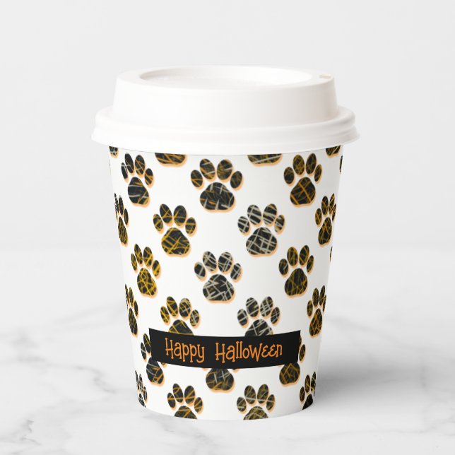 Tierpaw-Silhouette Pets Happy Halloween White Pappbecher (Vorderseite)