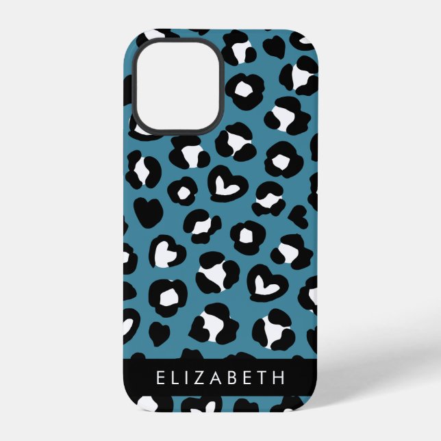 Tierprint, Blauer Leopard, Herzen, Ihr Name iPhone Hülle (Rückseite)