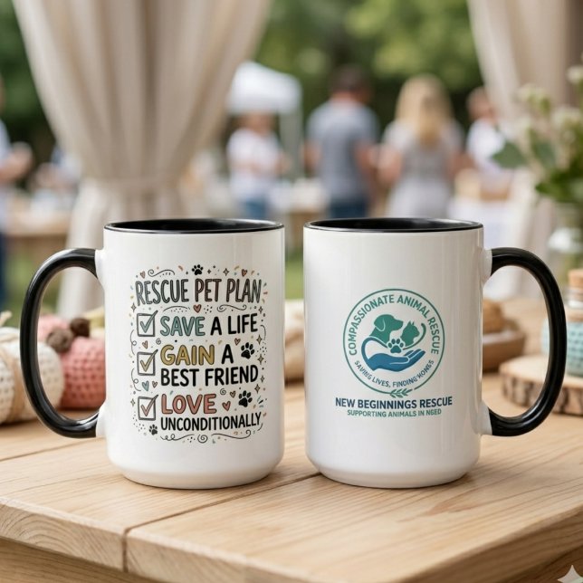 Tierrettungsplan-Checkliste und Logo Tasse (Check out this rescue pet plan mug for your favorite animal advocate's birthday.)