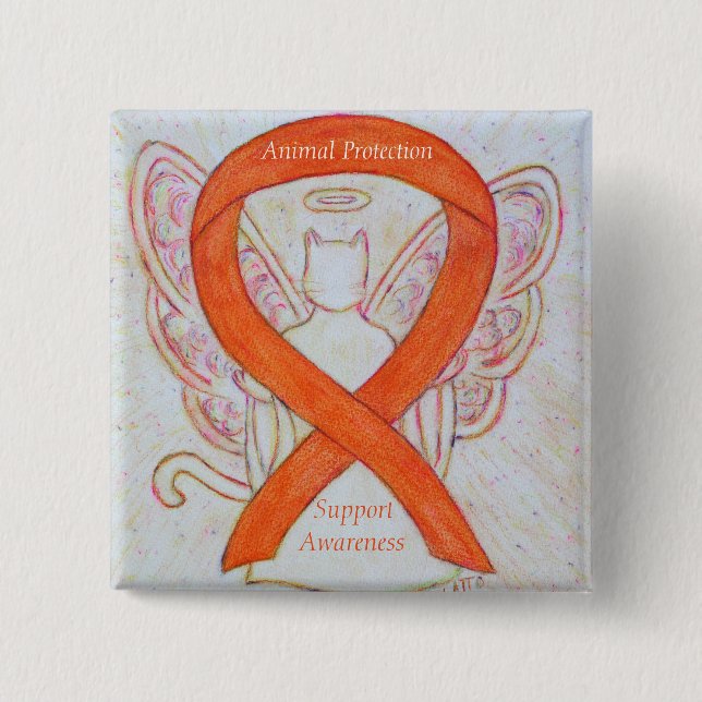 Tierschutz Orange Ribbon Cat Angel Art Button (Vorderseite)