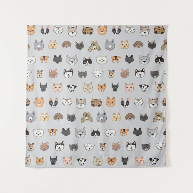 Tierspass: Hunde bei Katzen Doodle Mix Wandteppich (Vorderseite)