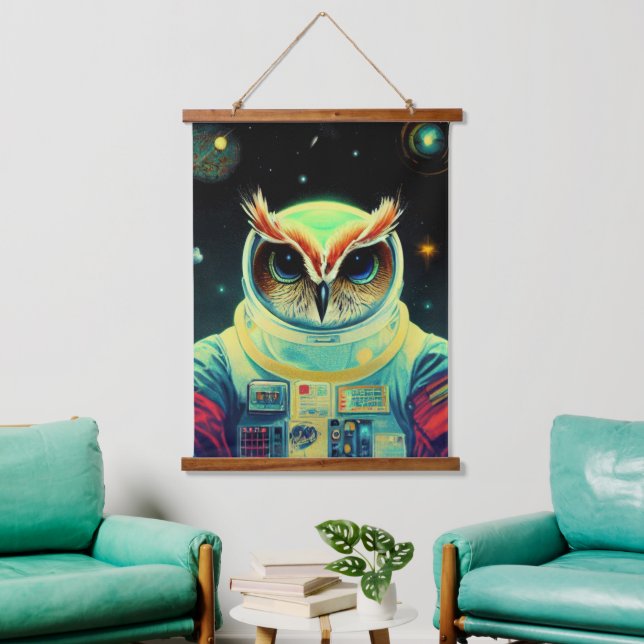 Tierspaziergang Astronauten, Universum, Raum, Eule Wandteppich Mit Holzrahmen (Wohnzimmer)