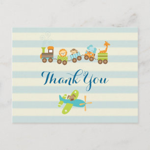 Tierspielzeug-Zug und Flugzeug auf Streifen Danke Postkarte