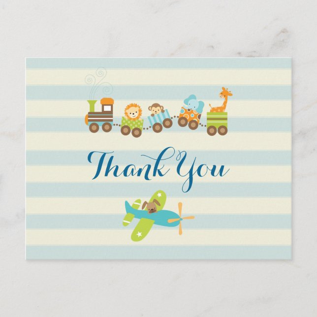 Tierspielzeug-Zug und Flugzeug auf Streifen Danke Postkarte (Vorderseite)