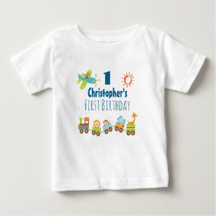 Tierspielzeug-Zug und Flugzeug zum ersten Geburtst Baby T-shirt