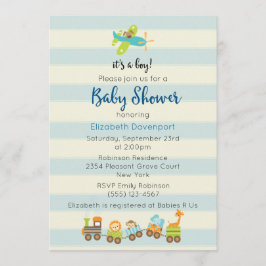 Tierspielzeug-Züge und FlugzeugBaby Boy Dusche Einladung