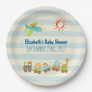 Tierspielzeug-Züge und Flugzeugjunge Babydusche Pappteller