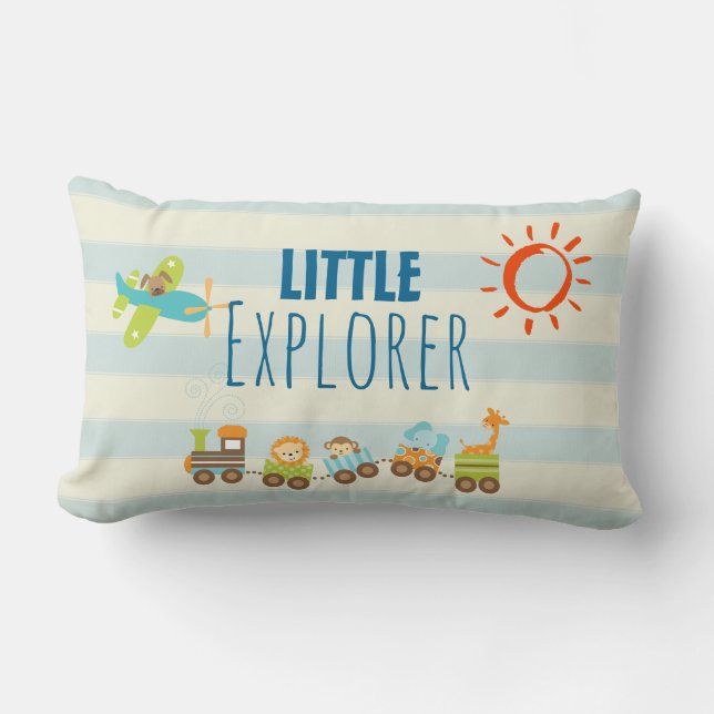 Tierspielzeugzug und -flugzeug auf Streifen Lendenkissen (Vorderseite)