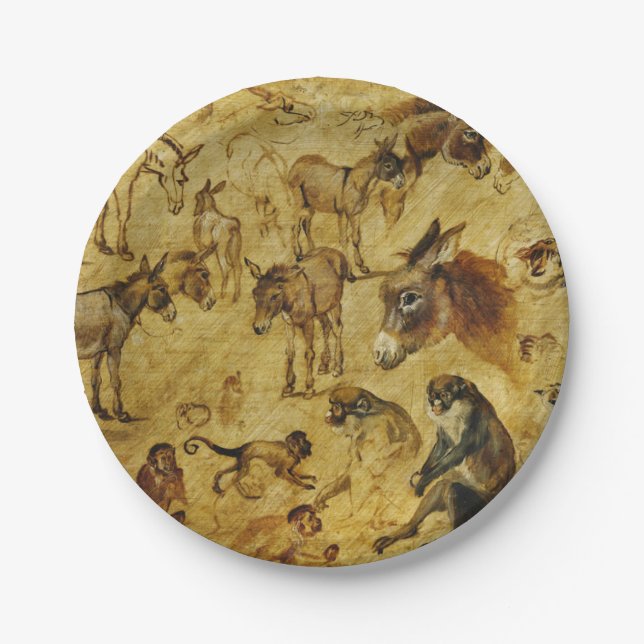 Tierstudien: Esel, Affen, Katzen und Hunde Pappteller (Vorderseite)