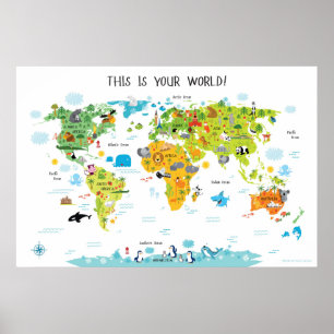Tierweltkarte für Kinder Poster Spielzimmer Dekora