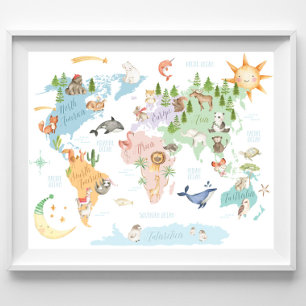 Tierweltkarte Kinder drucken, Tiere der Welt Poster