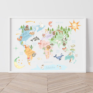 Tierweltkarte Kinderdruck, Tiere der Welt Poster