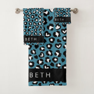 Tierwerbung, Blauer Leopard, Herz, Ihr Name Badhandtuch Set