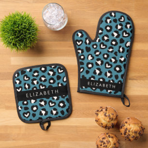 Tierwerbung, Blauer Leopard, Herz, Ihr Name Ofenhandschuh & Topflappen-Set