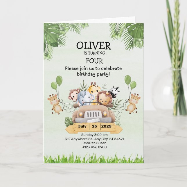 Tierzoo Geburtstag 4. Einladungen Faltkarten (Vorderseite)